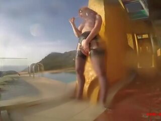 Provocative grown-up Red XXX masturbates outside by the pool sex vids